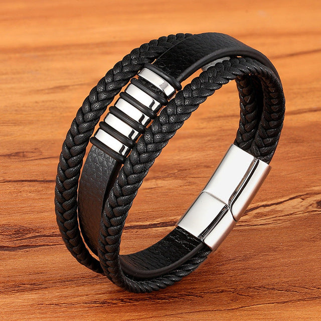 Pulsera de Cuero Trenzado Multicapa para Hombre en Acero Inoxidable
