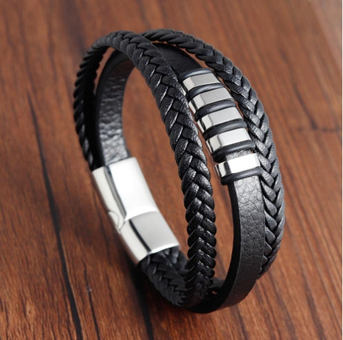Pulsera de Cuero Trenzado Multicapa para Hombre en Acero Inoxidable
