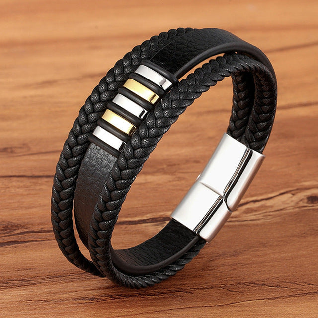 Pulsera de Cuero Trenzado Multicapa para Hombre en Acero Inoxidable