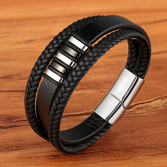 Pulsera de Cuero Trenzado Multicapa para Hombre en Acero Inoxidable