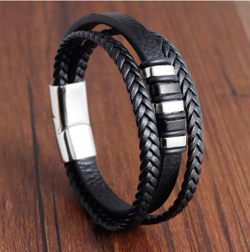 Pulsera de Cuero Trenzado Multicapa para Hombre en Acero Inoxidable