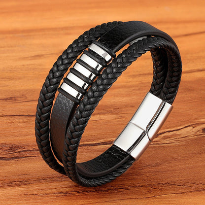 Pulsera de Cuero Trenzado Multicapa para Hombre en Acero Inoxidable