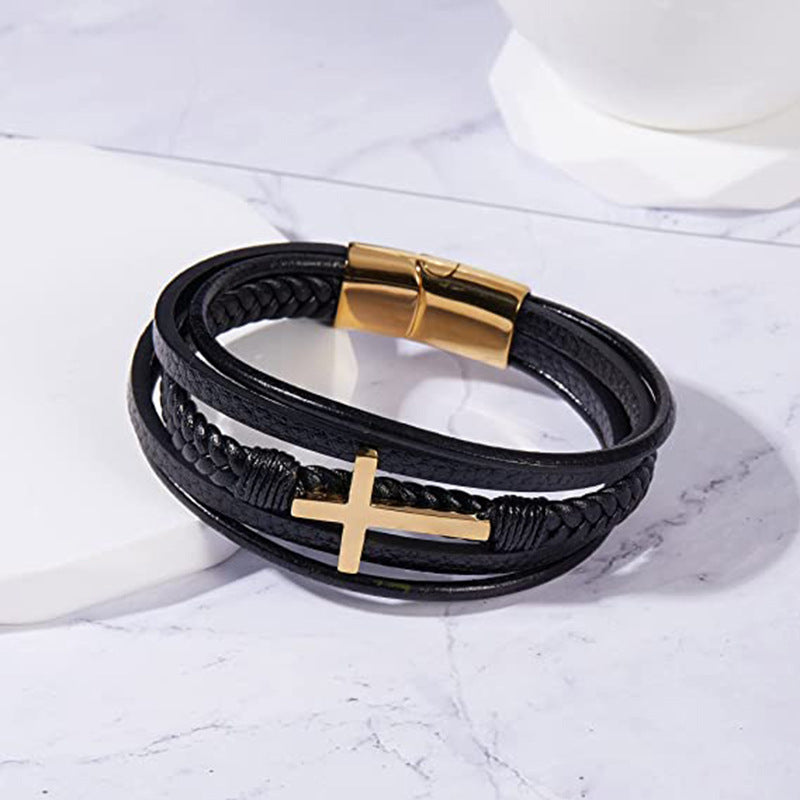 Pulsera de Cuero Trenzado Multicapa Hecha a Mano para Hombres