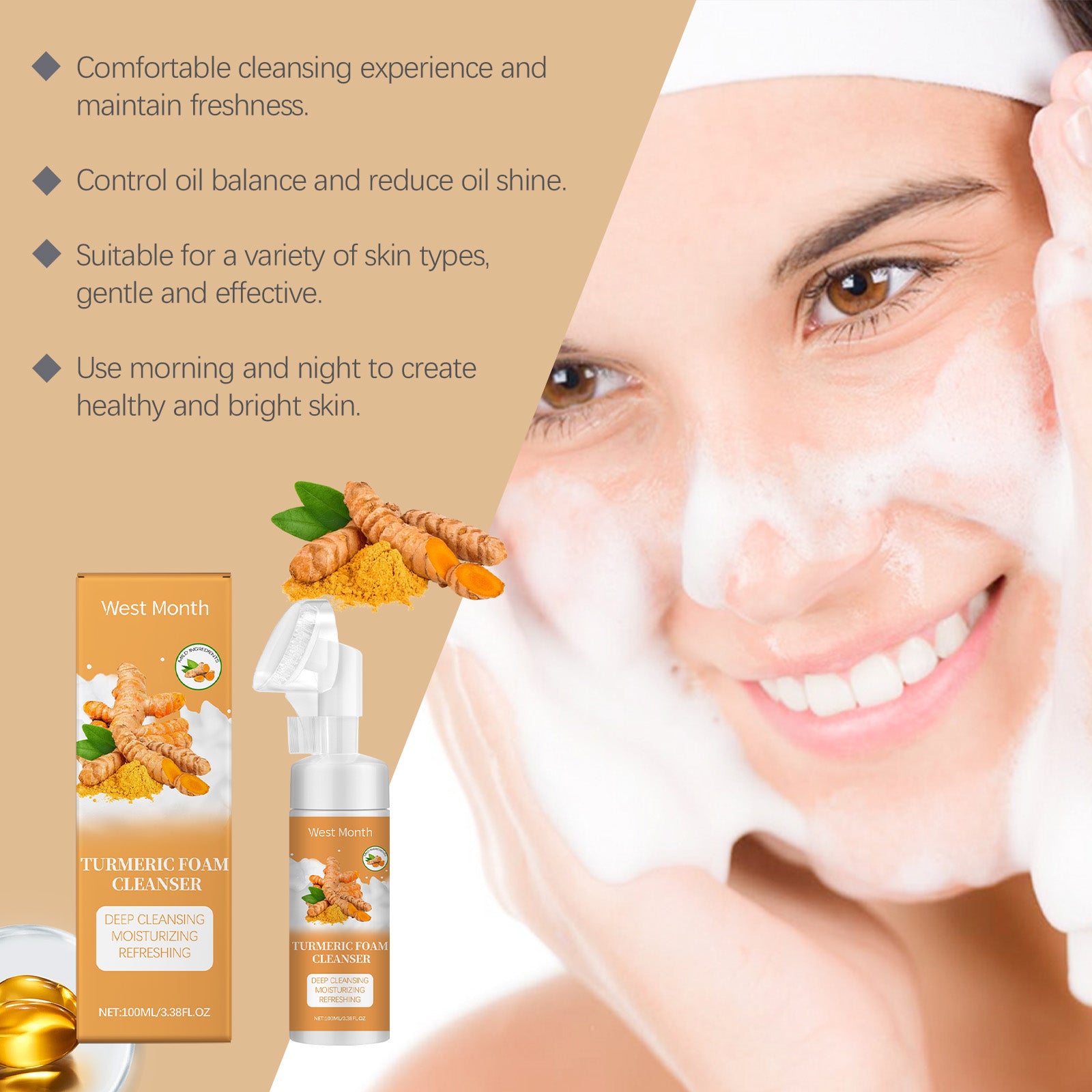 West&Month Turmeric Foam Cleanser Gentle Cleansing Pore Cleanser Refreshing Moisturizing Moisturizing Cleanser