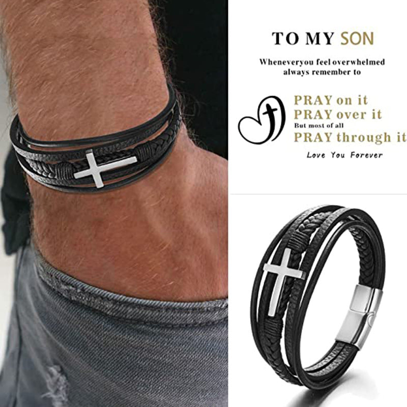 Pulsera de Cuero Trenzado Multicapa Hecha a Mano para Hombres