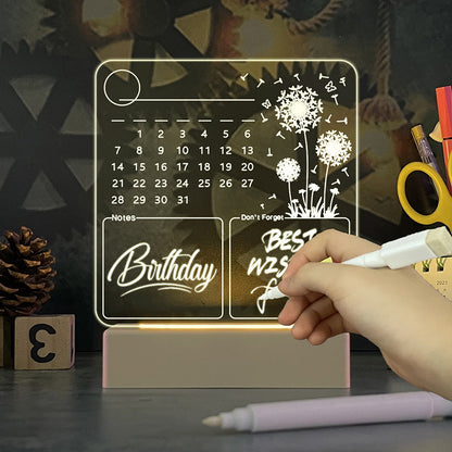 Tablero de Memo de Calendario Acrílico con Luz Nocturna LED